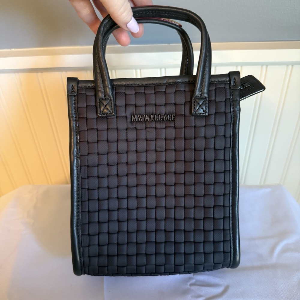 MZ WALLACE Micro Woven Box Tote Black Crossbody Top Handle Bag Purse NWOT